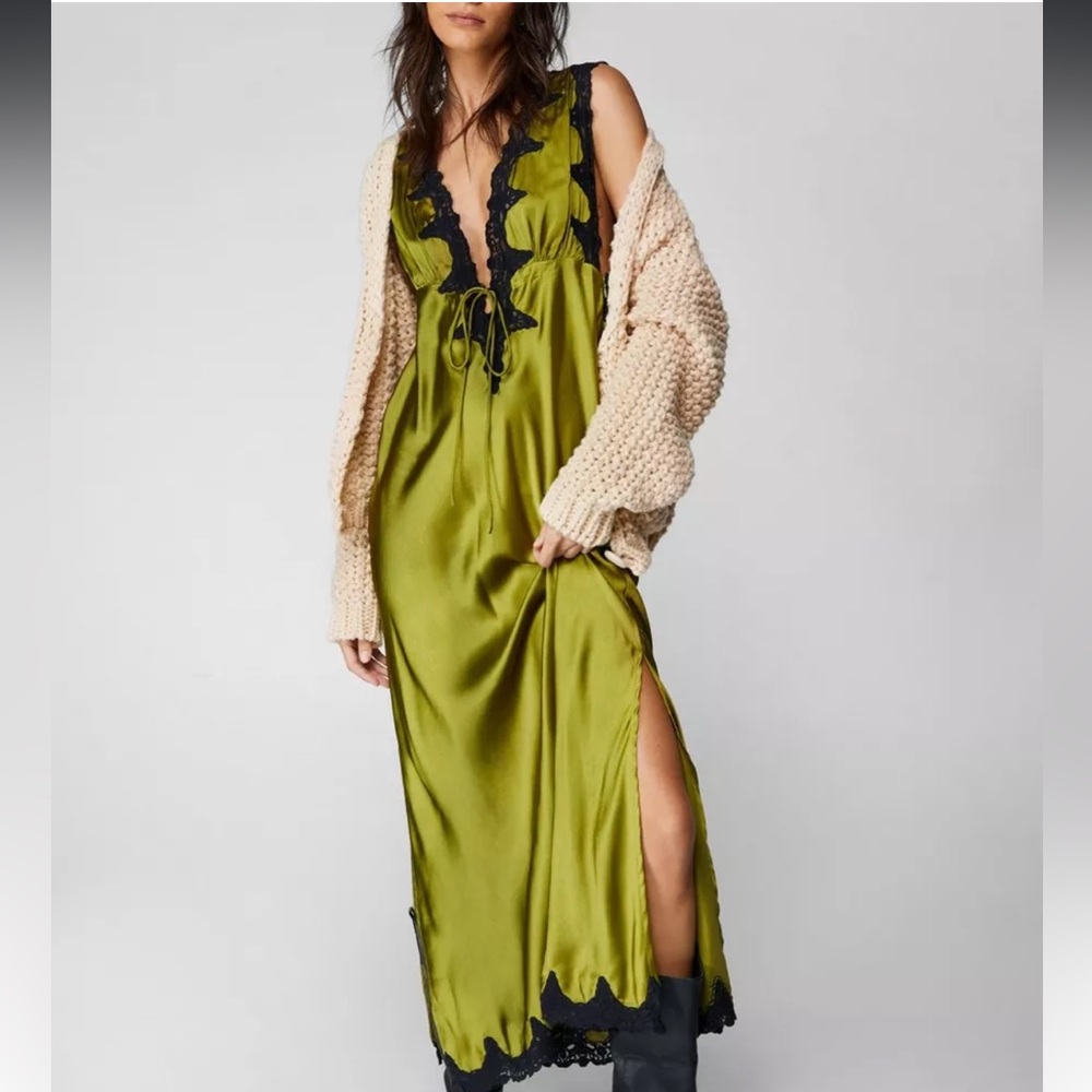 ISO NastyGal Cut Work Lace Trim Tie Satin Maxi Dress